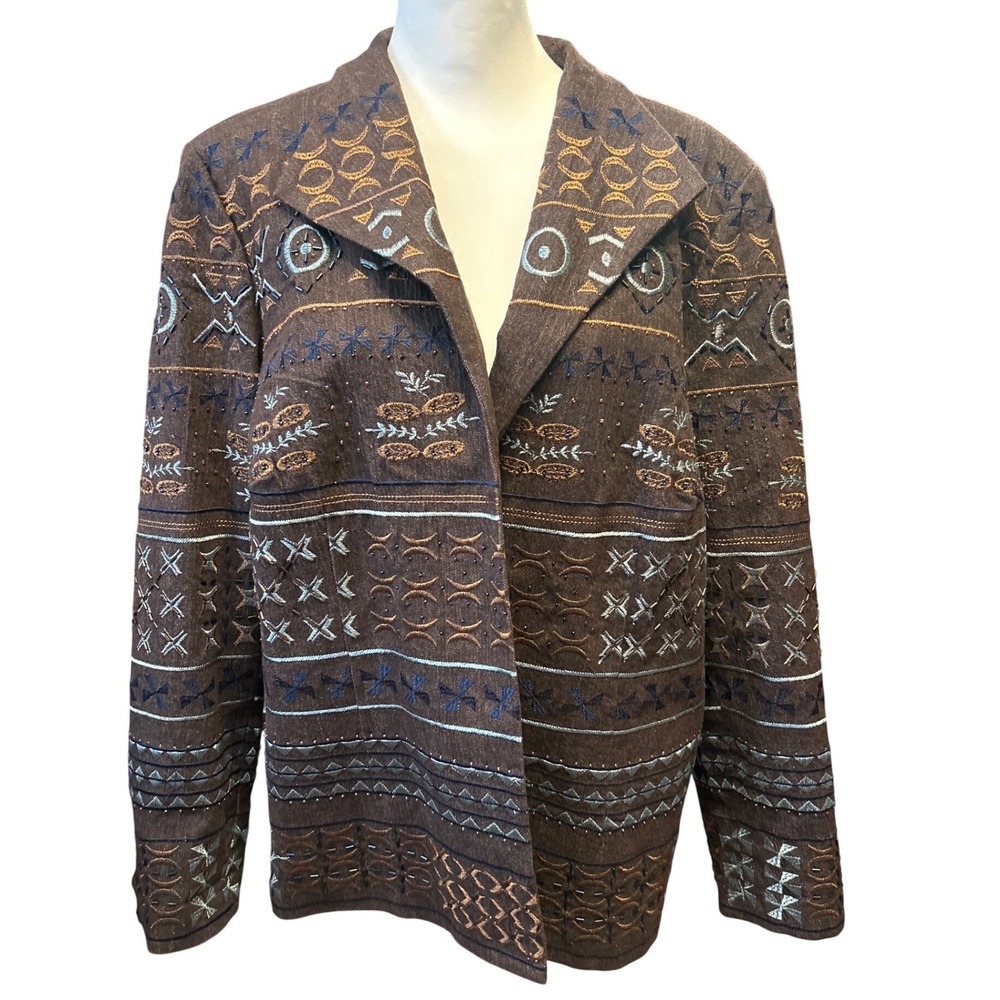 Coldwater‎ Creek Brown Embroidered Geometric Tribal Beaded Blazer Jacket Sz 20W
